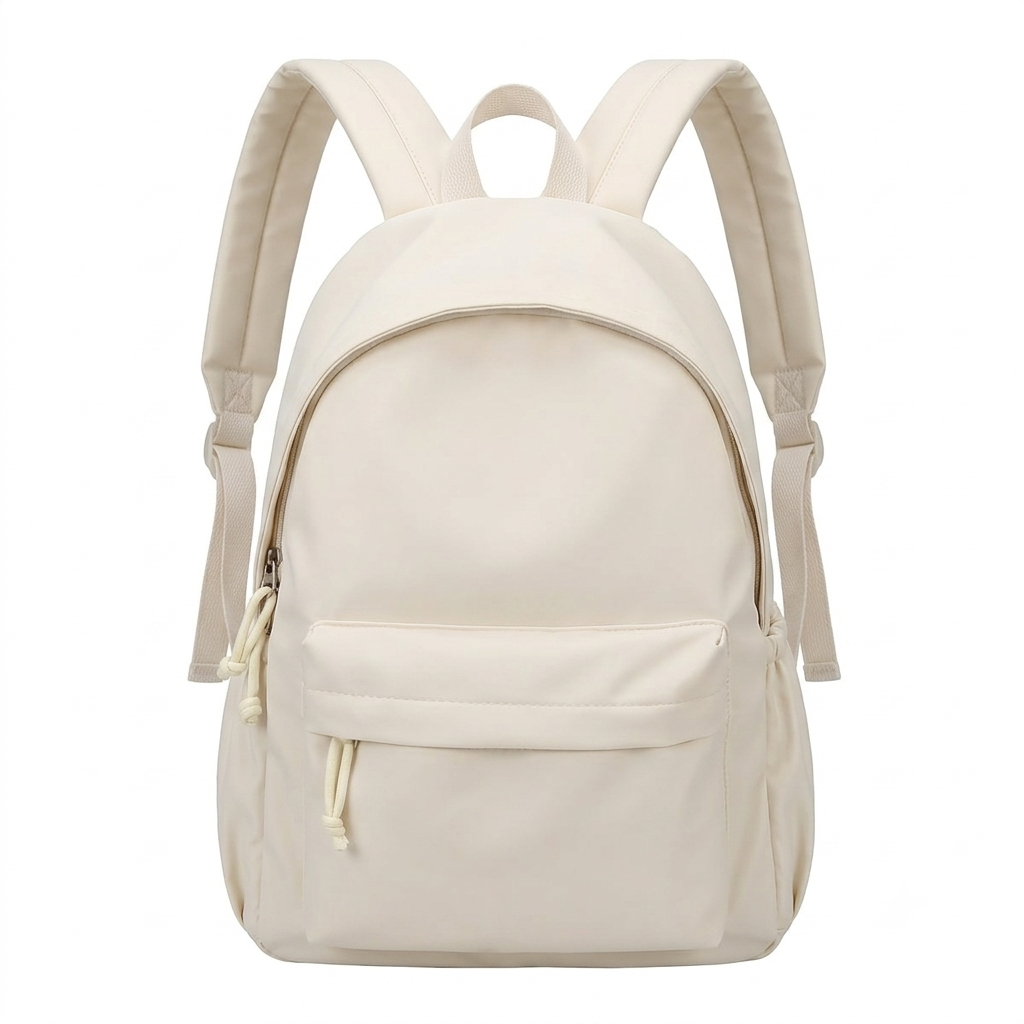 Cremefarbener Rucksack von vorn mit Frontfach, Reißverschluss-Zugbändern, seitlichen Taschen und verstellbaren Schultergurten auf weißem Hintergrund. 5