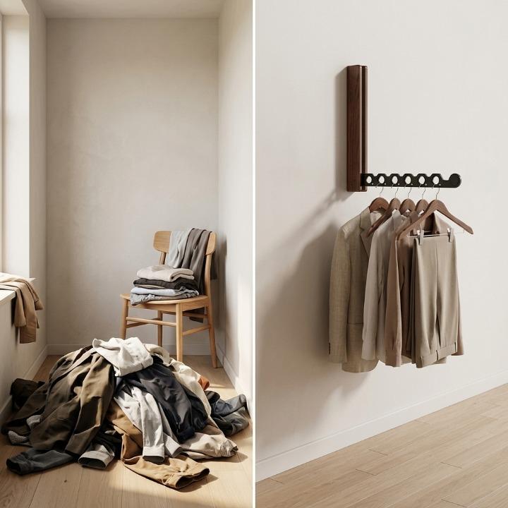 Vergleich links: Kleiderhaufen auf dem Boden neben einem Stuhl; rechts: Anzug und Hose ordentlich an der ausgeklappten dunklen Wandgarderobe. 5