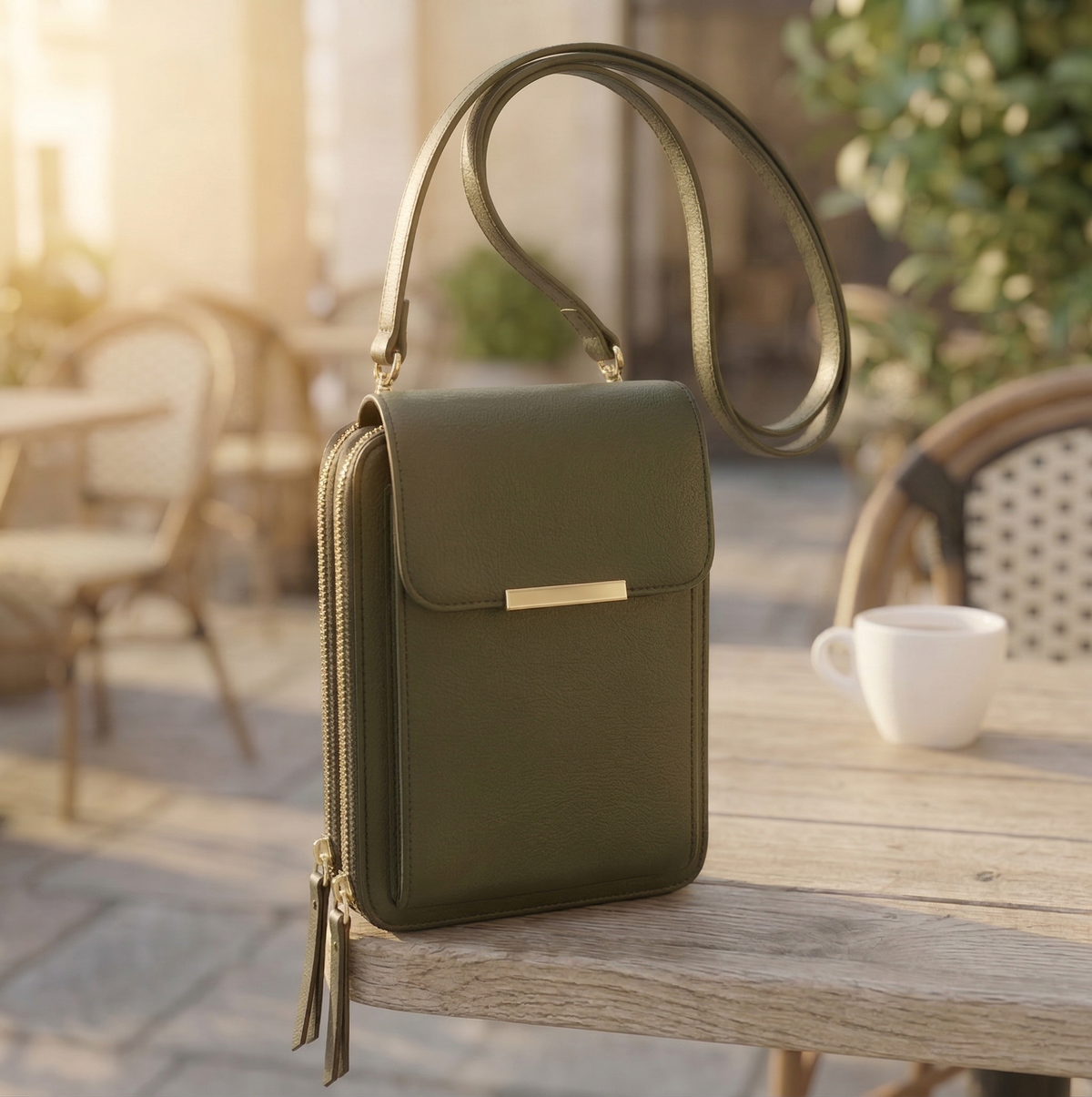 Umhängetasche in Olivgrün mit goldenen Details, auf einem Holztisch vor einer sonnigen Café-Terrasse. 5