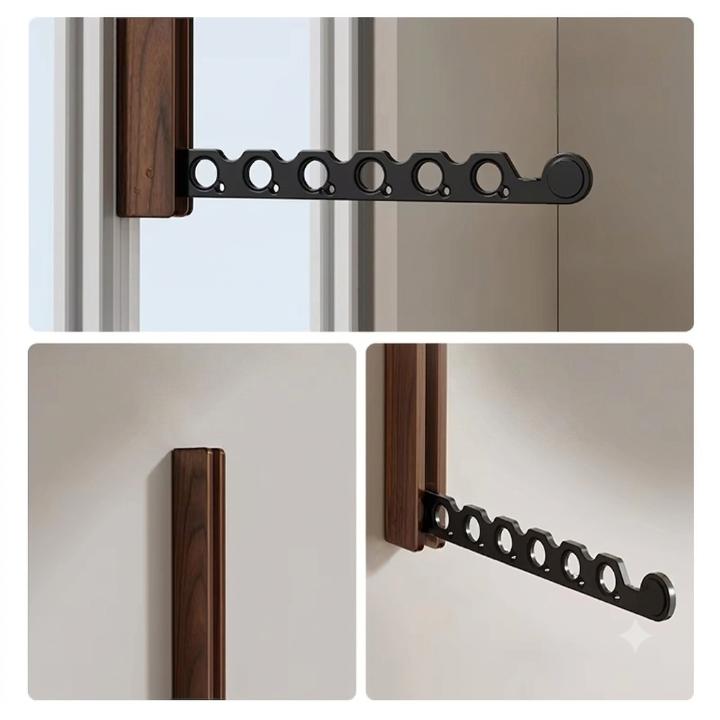 Dreiteilige Detailcollage: ausgeklappter schwarzer Locharm am Fenster, eingeklappter Holzhalter und schräge Nahansicht des ausgeklappten Arms. 8