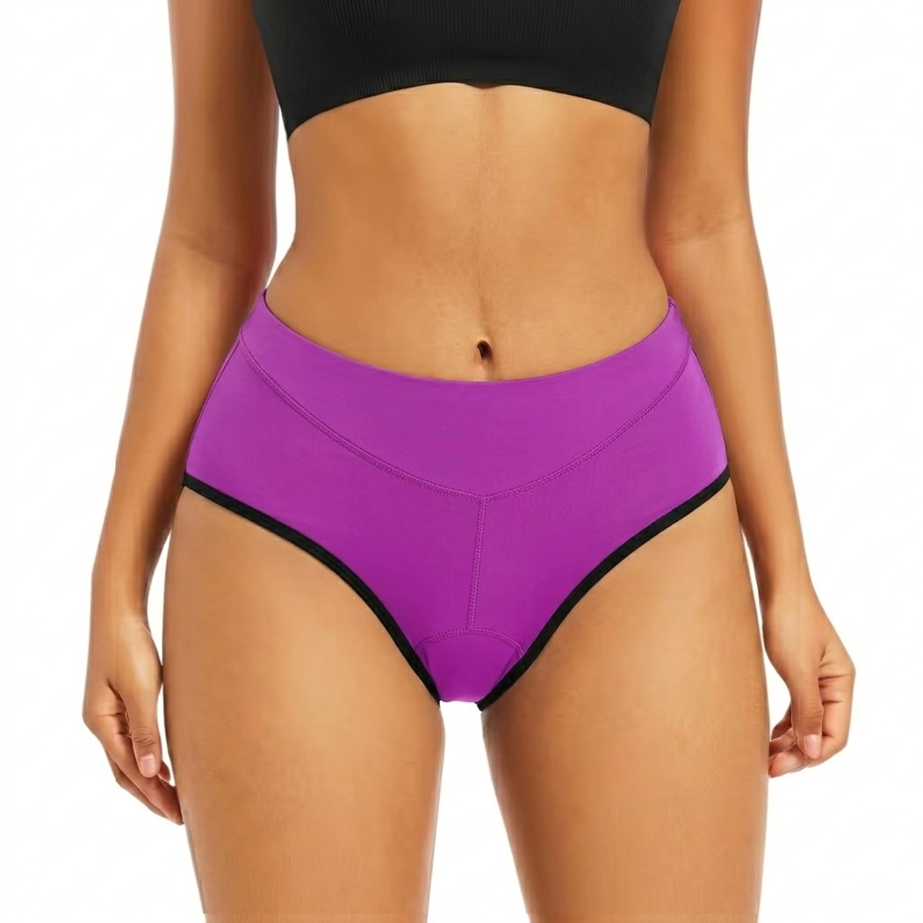 Frontansicht der violetten Radunterhose am Model, mit schwarzer Einfassung an den Beinausschnitten 8