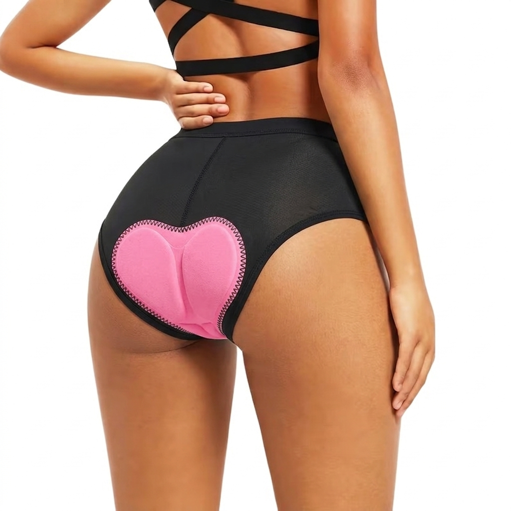 Rückansicht der schwarzen Radunterhose am Model, mit herzförmigem rosa Gelpolster und Netzeinsatz am Gesäß 1