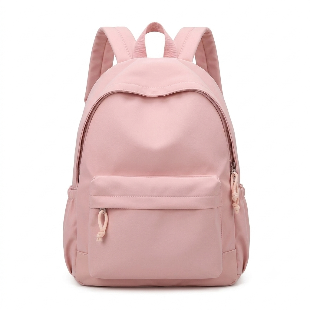 Rosafarbener Rucksack in der Frontansicht mit Vordertasche, Reißverschluss-Zugbändern, seitlichen Gummizugtaschen und gepolsterten Trägern auf weißem Hintergrun 7