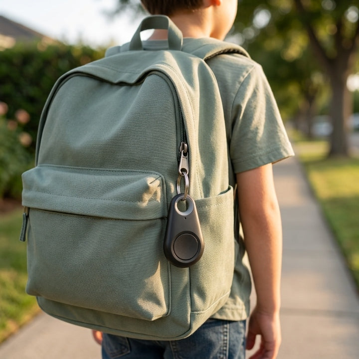 Kind von hinten mit grünem Rucksack, an dessen Reißverschluss der schwarze Tracker hängt 2