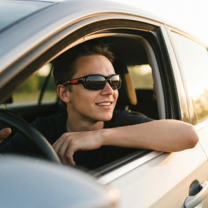 Junger Mann am Autofenster trägt die Sportbrille mit dunklen Gläsern und roten Bügelakzenten bei Abendsonne 3