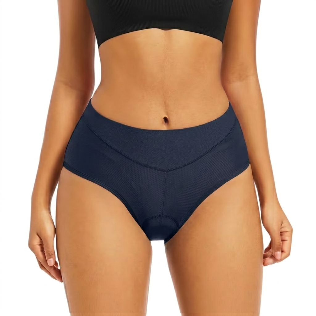 Frontansicht der marineblauen Radunterhose am Model, mit V-förmiger Naht am Bund 7