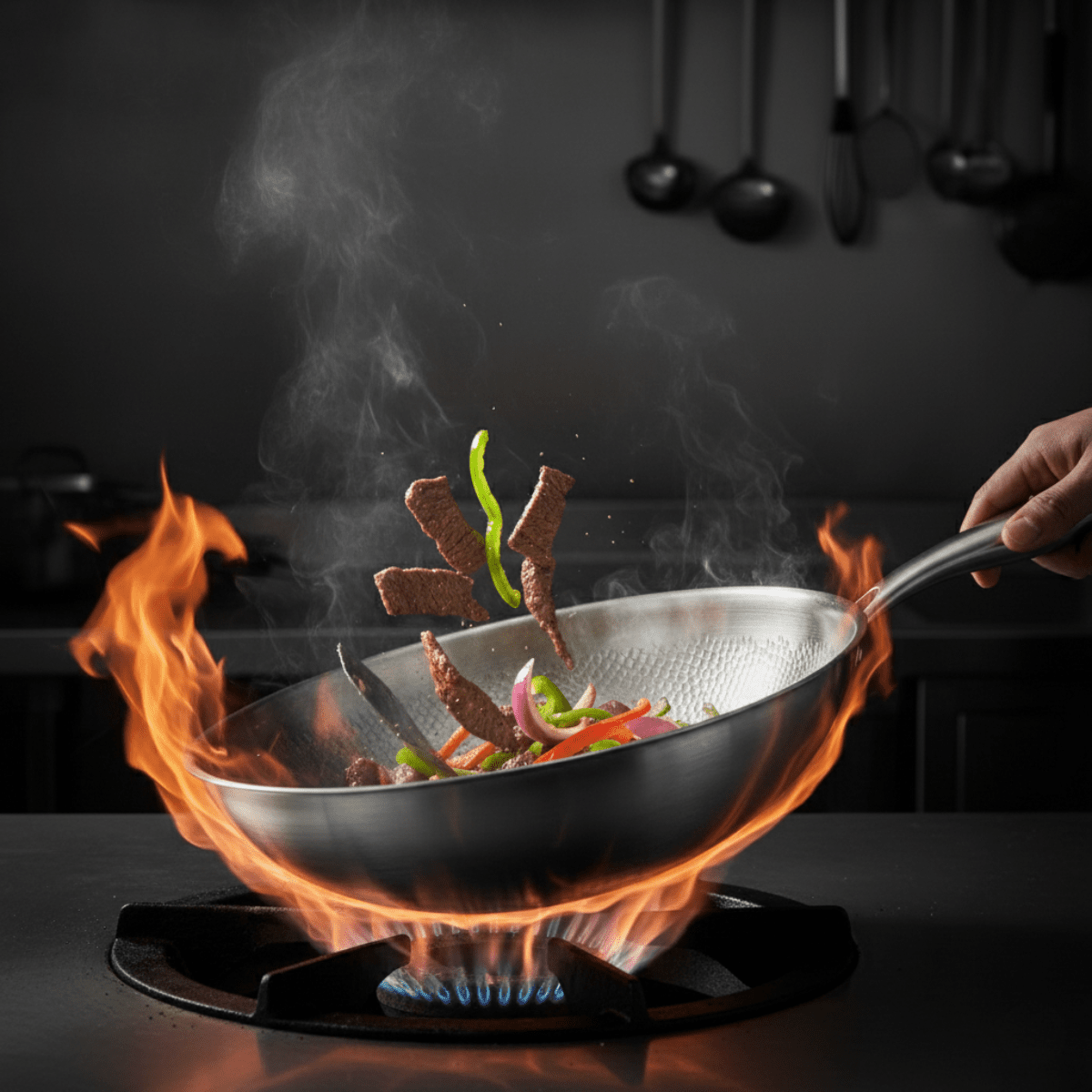 Hammered Titanium Wok Pan with Flat Base, Uncoated and Chemical-Free 5