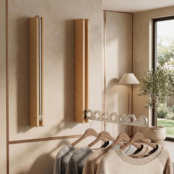 Zwei helle Holzhalter an der Wand, einer eingeklappt, einer ausgeklappt mit silbernem Arm und vier Pullovern auf Bügeln. 4