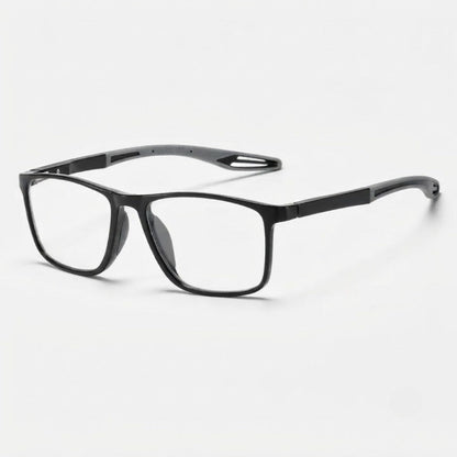 Brille mit schwarzem Rahmen und grauen Bügelenden mit Aussparung, schräg von vorne vor hellem Hintergrund. 6