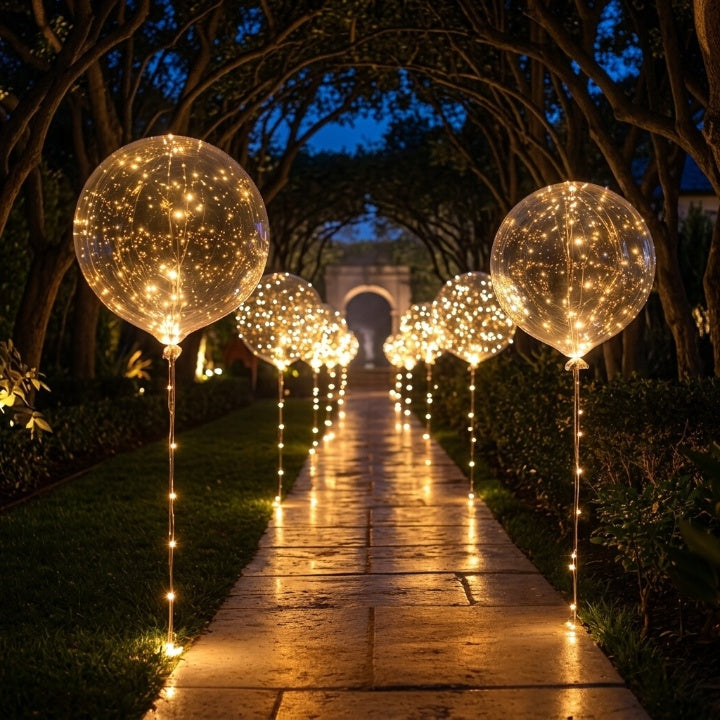 Leuchtende Ballons mit Lichterketten säumen abends einen Gartenweg zwischen Bäumen und Hecken 1