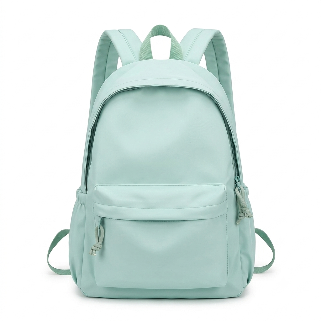 Mintgrüner Rucksack von vorn auf weißem Hintergrund, mit Frontfach, Reißverschluss-Zugbändern, Tragegriff und gepolsterten Schultergurten. 1