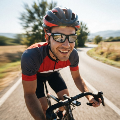 Lächelnder Radfahrer mit Helm trägt die Sportbrille mit verspiegelten Gläsern auf einer sonnigen Landstraße 2