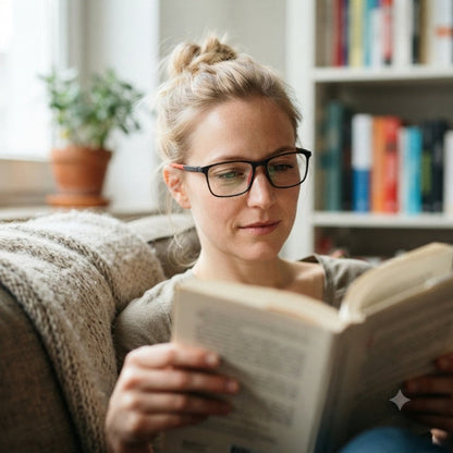 Frau mit Haarknoten liest auf dem Sofa ein Buch und trägt dabei die Brille mit schwarzem Rahmen. 3