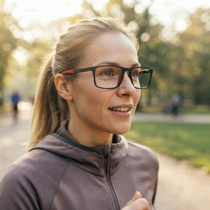 Frau mit Pferdeschwanz trägt die Brille mit schwarz-rotem Rahmen beim Joggen in einem sonnigen Park. 2