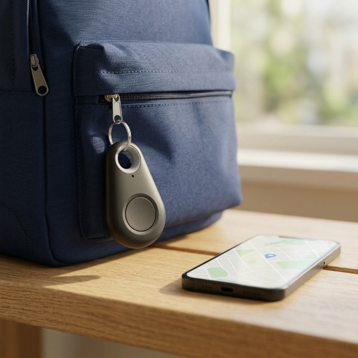Tropfenförmiger Tracker am Reißverschluss eines blauen Rucksacks, daneben ein Smartphone mit Kartenansicht auf einer 1