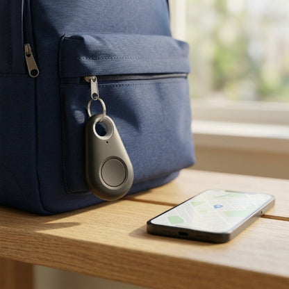Tropfenförmiger Tracker am Reißverschluss eines blauen Rucksacks, daneben ein Smartphone mit Kartenansicht auf einer 1