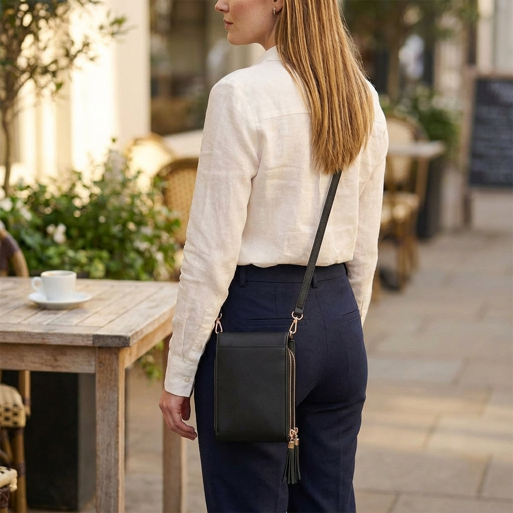 Rückansicht einer Frau in heller Bluse und dunkler Hose, die die schwarze Tasche an einem Riemen über der Schulter trägt. 8