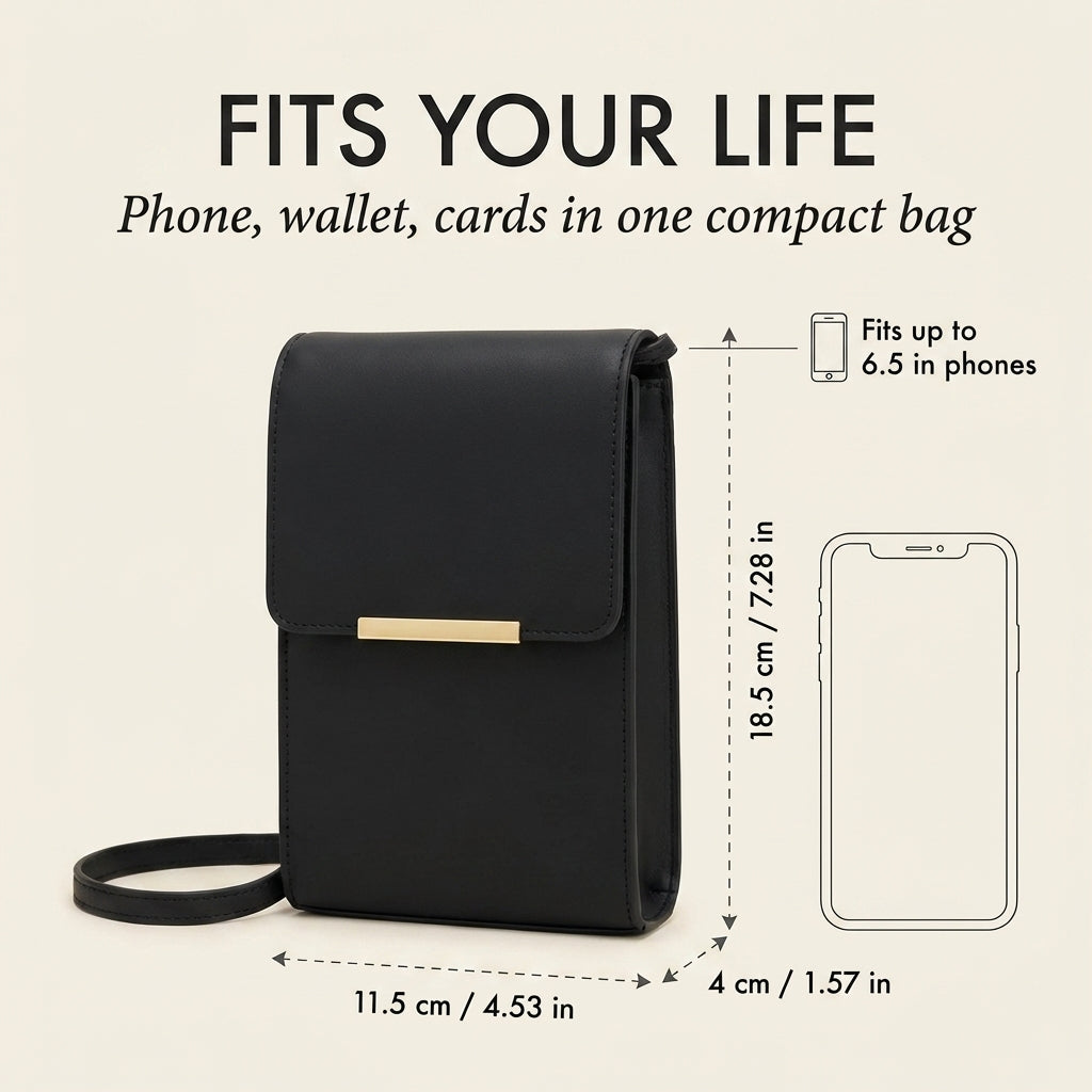 Maßgrafik der schwarzen Tasche mit Höhe, Breite und Tiefe sowie dem Umriss eines Smartphones, das hineinpasst. 9