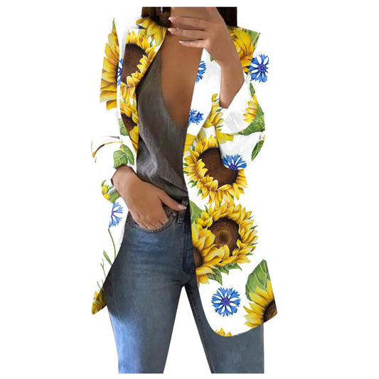 Damenblazer mit Sonnenblumenmuster, weiß, Reverskragen, schlanke Passform, modisch.