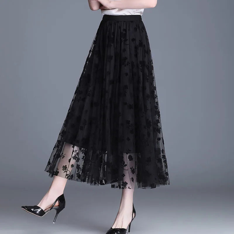 Schwarzer Damen-Mesh-Midi-Rock, elegant, florales Muster, modisch, lässig, vielseitig.