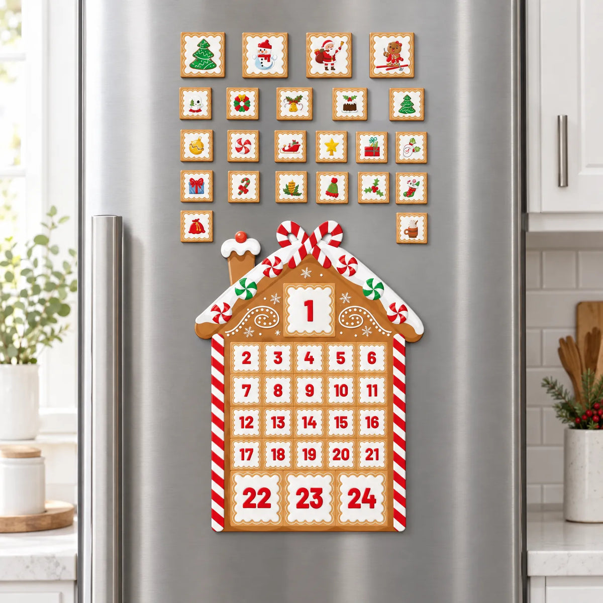 Adventskalender in Lebkuchenhaus-Form an einer Edelstahl-Kühlschranktür in der Küche, darüber die kleinen quadratischen Magnete mit Weihnachtsmotiven zum Aufkle 1