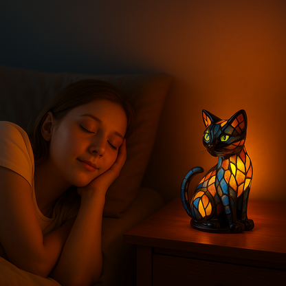 Leuchtende Katzenlampe auf einem Nachttisch neben einer schlafenden Frau, die den warmen Lichtschein im dunklen Schlafzimmer 2