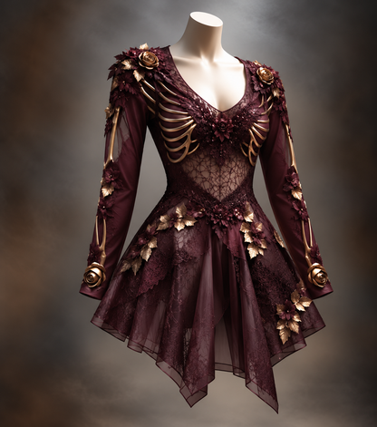 Dasselbe Kleid in Weinrot mit goldenen Rippen- und Knochenmotiven, Rosen am Ärmelabschluss, Spitzeneinsatz und Zipfelsaum aus Tüll. 2