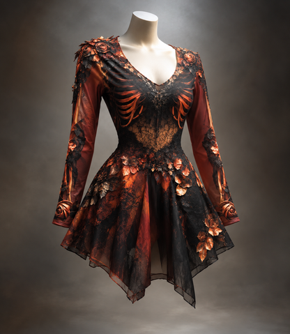 Kleid in Schwarz mit rotem und kupferfarbenem Farbverlauf, Rippen- und Knochenmotiven, Rosen, Blättern und ausgefranstem Tüllsaum. 6
