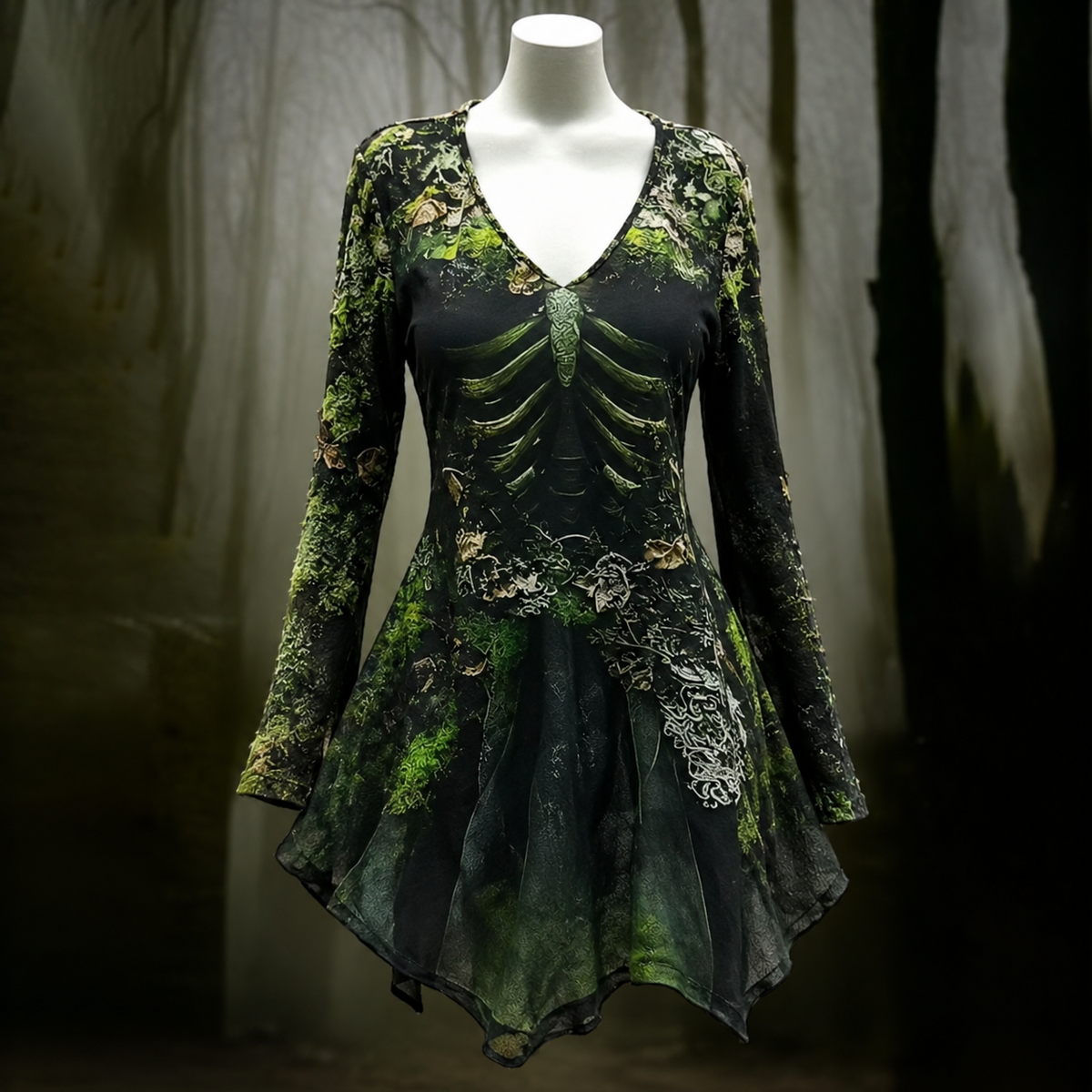 Schwarzes Minikleid mit V-Ausschnitt, langen Ärmeln und zipfeligem Saum, grün bedruckt mit Moos und Rippenskelett, auf einer Büste vor nebligem Waldhintergrund. 1