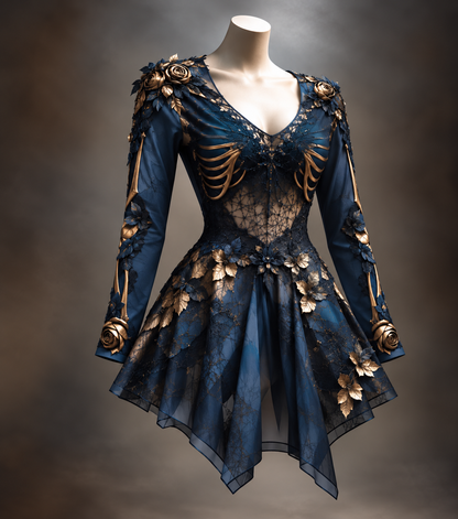 Kleid in Marineblau mit goldenen Rippen- und Armknochen-Details, Rosen an Schultern und Ärmeln, durchsichtigem Spitzenmieder und Zipfelrock. 4