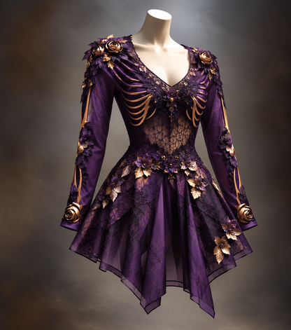 Violette Variante mit goldenen Rippen und Armknochen, Rosen an Schulter und Ärmelende, Spitzeneinsatz und leicht ausgestelltem Zipfelrock. 7