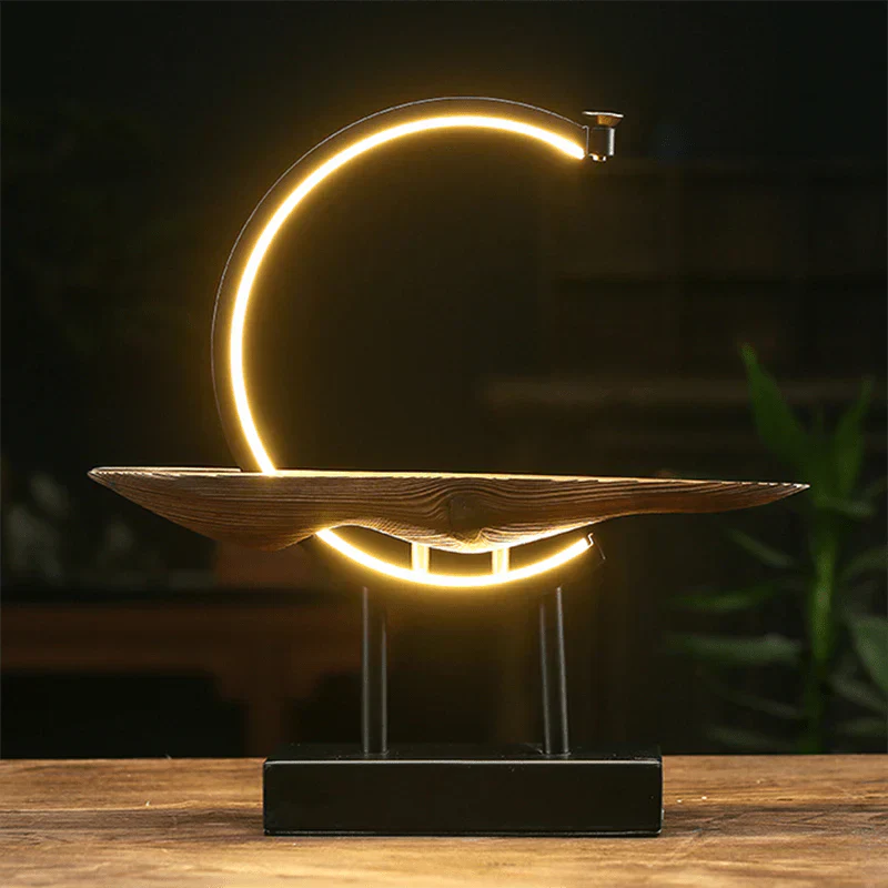 Moderne LED-Tischlampe, Holzdesign, warmweißes Licht, dekorative Beleuchtung, Wohnzimmer.