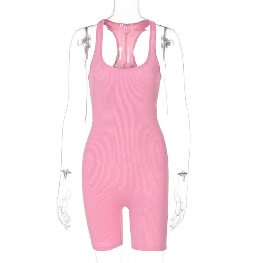 Rosa ärmelloser Jumpsuit Damen, gerippt, sportlich, bequem, Freizeitmode.