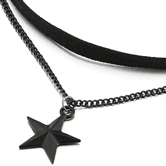 Schwarze Stern-Halskette aus Leder und Metall, modisches Accessoire für Damen und Herren.