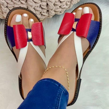 Damen Sandalen, rot-blau-weiß, Leder, Schleife, modisch, bequem, Sommermode, Fußkettchen.