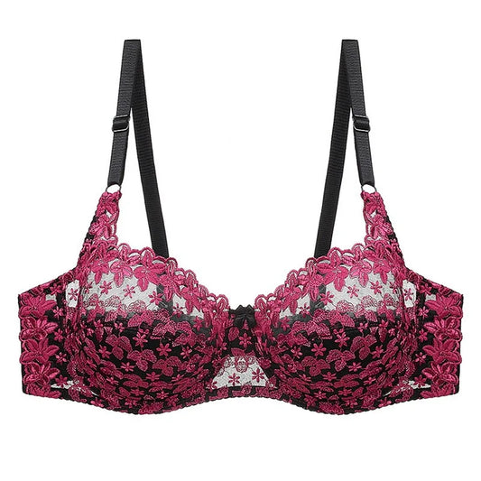 Schwarzer und pinker Spitzen-BH, verstellbare Träger, florales Design, Damenunterwäsche.