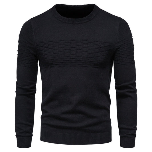 Schwarzer Herrenpullover, Strickmuster, Rundhalsausschnitt, Langarm, modisch, warm.