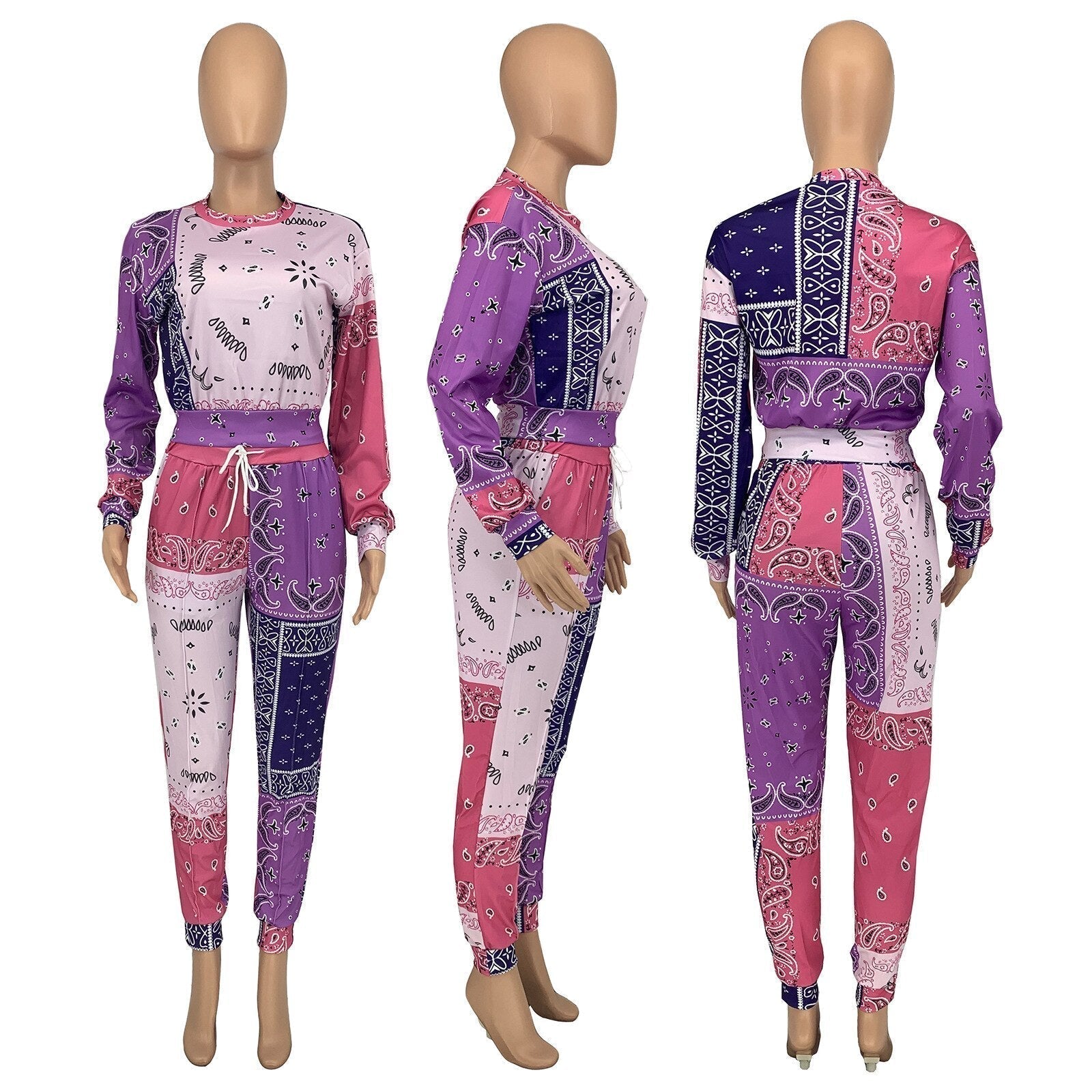 Damen Zweiteiler Set, pink-lila Bandana-Print, Langarm, Freizeitanzug, Polyester.