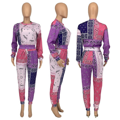 Damen Zweiteiler Set, pink-lila Bandana-Print, Langarm, Freizeitanzug, Polyester.
