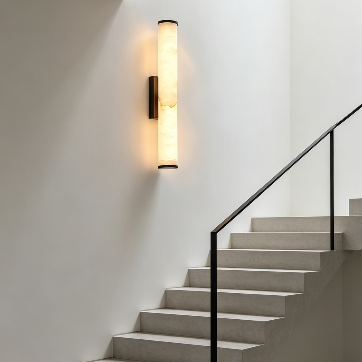 Wandlampe mit marmoriertem Zylinder und schwarzen Kappen an weißer Wand über einer hellen Treppe mit schwarzem Geländer. 7