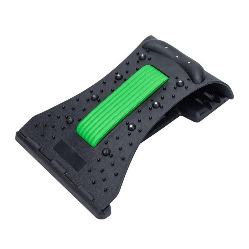 Schwarze Rückenstreckhilfe mit grüner Polsterung, ergonomisch, für Rückenschmerzen Linderung.