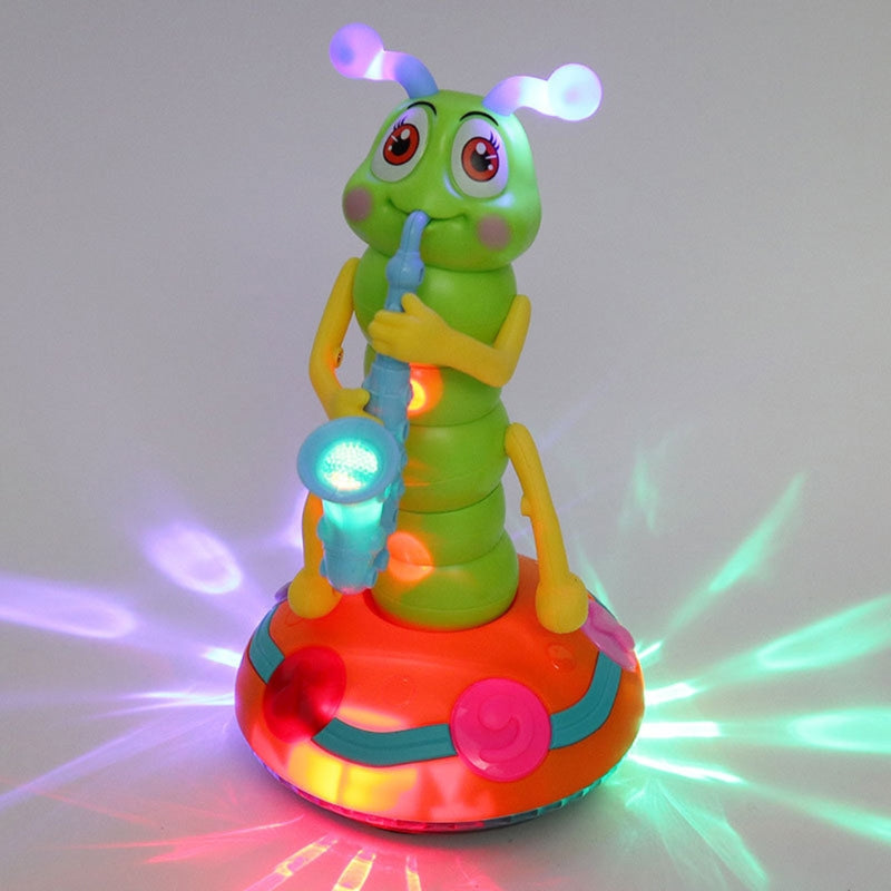 Grünes Spielzeugraupe mit Saxophon, leuchtend, bunt, Kinder, Musikspielzeug, LED-Lichter.