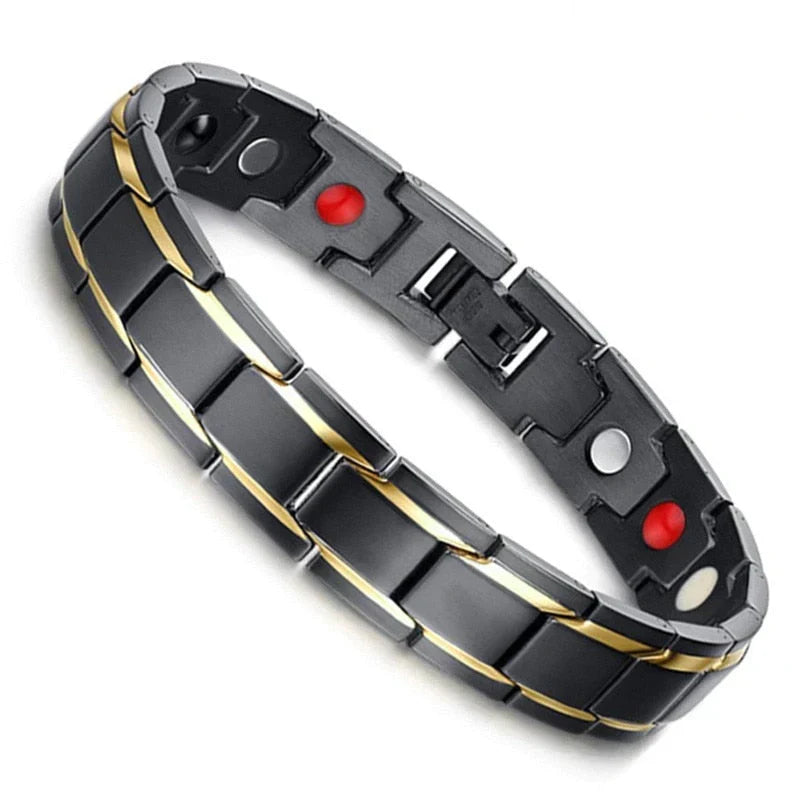 Schwarzes Magnetarmband aus Edelstahl mit goldenen Akzenten, Gesundheitsarmband für Männer.