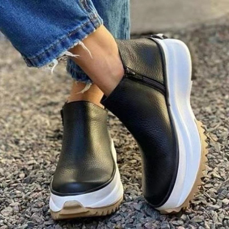Schwarze Leder-Sneaker mit Plateau, Reißverschluss, Damenmode, lässig, bequeme Schuhe