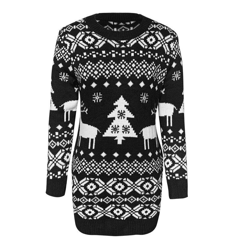 Schwarzer Weihnachtspullover mit weißen Rentier- und Tannenbaum-Motiven, Strick, Unisex.