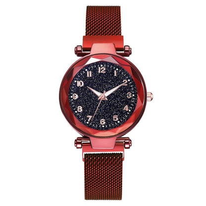Rote Damenarmbanduhr mit glitzerndem Zifferblatt, modisches Design, Edelstahlarmband.