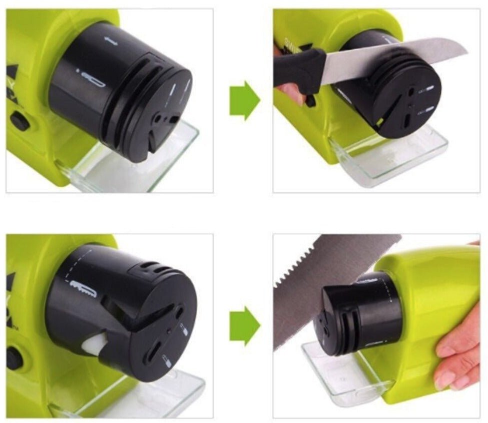 Elektrischer Messerschärfer grün, multifunktional, für Küchenmesser und Werkzeuge.