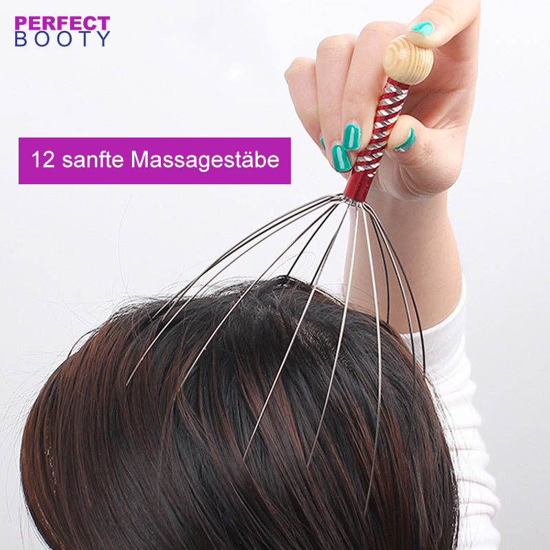 Kopfmassagegerät mit 12 Metallstäben, Holzgriff, entspannend, Kopfhautmassage, Stressabbau.