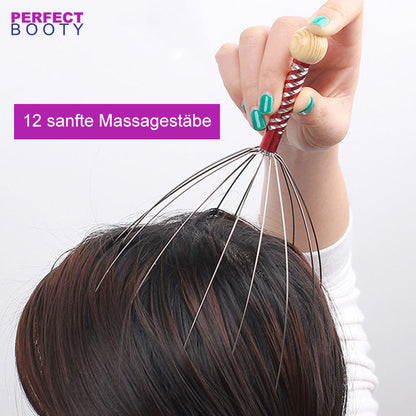 Kopfmassagegerät mit 12 Metallstäben, Holzgriff, entspannend, Kopfhautmassage, Stressabbau.