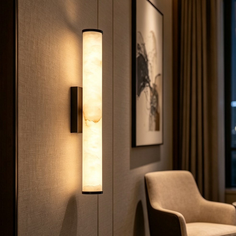 Nahaufnahme der leuchtenden marmorierten Wandlampe mit schwarzer Halterung an Stoffwand, daneben ein abstraktes Bild, Vorhang und ein Sessel. 12